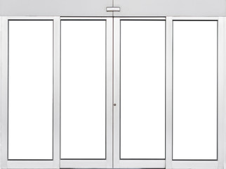 Automatic double sliding glass door isolated on white, Modern entrance of airport terminal, empty window pane office element