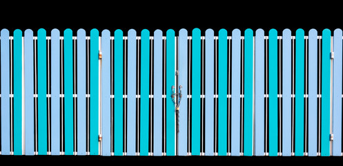 Large blue fence door with chain key lock isolated on black background, Front garage house element for design