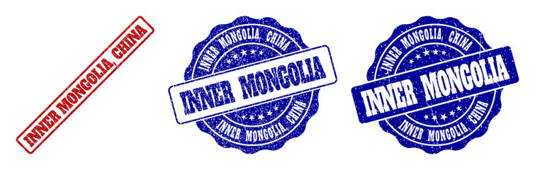 INNER MONGOLIA, CHINA grunge stamp seals in red and blue colors. Vector INNER MONGOLIA, CHINA imprints with draft texture. Graphic elements are rounded rectangles, rosettes, circles and text captions.