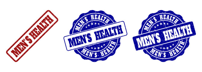 MEN'S HEALTH grunge stamp seals in red and blue colors. Vector MEN'S HEALTH labels with grunge surface. Graphic elements are rounded rectangles, rosettes, circles and text labels.