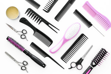 combs for hairdresser hairdresser on white background top view