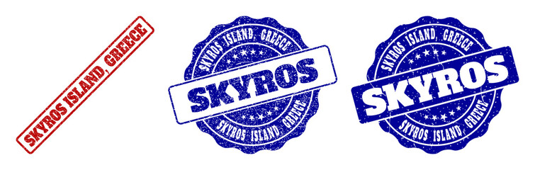 SKYROS ISLAND, GREECE scratched stamp seals in red and blue colors. Vector SKYROS ISLAND, GREECE labels with grunge effect. Graphic elements are rounded rectangles, rosettes, circles and text labels.