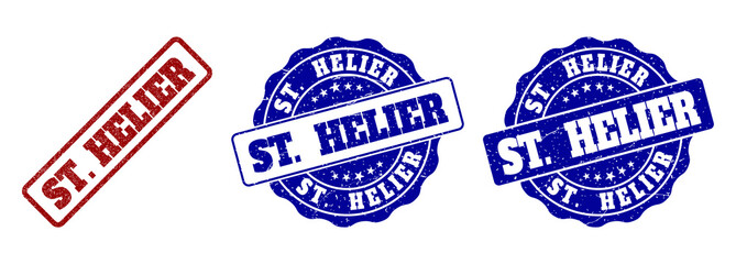 ST. HELIER grunge stamp seals in red and blue colors. Vector ST. HELIER labels with draft texture. Graphic elements are rounded rectangles, rosettes, circles and text labels.