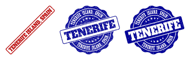 TENERIFE ISLAND, SPAIN grunge stamp seals in red and blue colors. Vector TENERIFE ISLAND, SPAIN watermarks with distress style. Graphic elements are rounded rectangles, rosettes,