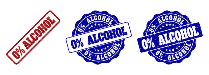 0% ALCOHOL scratched stamp seals in red and blue colors. Vector 0% ALCOHOL imprints with grainy style. Graphic elements are rounded rectangles, rosettes, circles and text titles.