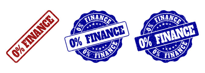 0% FINANCE grunge stamp seals in red and blue colors. Vector 0% FINANCE imprints with draft surface. Graphic elements are rounded rectangles, rosettes, circles and text titles.