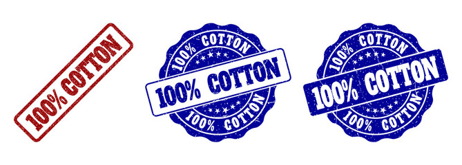 100% COTTON grunge stamp seals in red and blue colors. Vector 100% COTTON labels with dirty surface. Graphic elements are rounded rectangles, rosettes, circles and text labels.