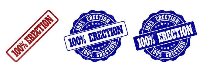 100% ERECTION grunge stamp seals in red and blue colors. Vector 100% ERECTION watermarks with grunge style. Graphic elements are rounded rectangles, rosettes, circles and text captions.