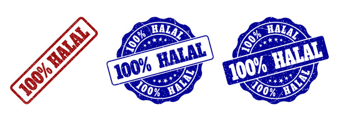 100% HALAL grunge stamp seals in red and blue colors. Vector 100% HALAL overlays with scratced surface. Graphic elements are rounded rectangles, rosettes, circles and text titles.