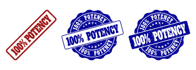 100% POTENCY grunge stamp seals in red and blue colors. Vector 100% POTENCY imprints with scratced surface. Graphic elements are rounded rectangles, rosettes, circles and text captions.