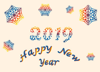 Vector illustration happy New year font with letters art design 2019, colorful snowflakes. 3D lettering style rendering bubble font. Color blue yellow red.
