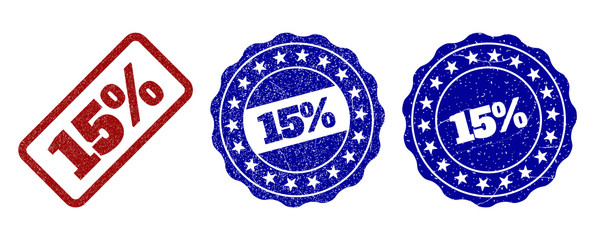 15% grunge stamp seals in red and blue colors. Vector 15% labels with grunge surface. Graphic elements are rounded rectangles, rosettes, circles and text titles. Designed for rubber stamp imitations.