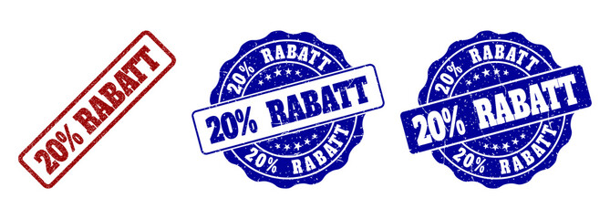 Obraz premium 20% RABATT grunge stamp seals in red and blue colors. Vector 20% RABATT signs with grunge effect. Graphic elements are rounded rectangles, rosettes, circles and text tags.