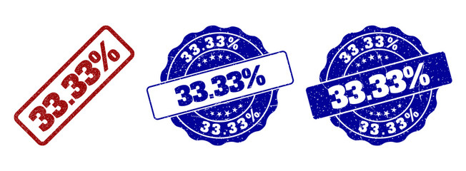 33.33% grunge stamp seals in red and blue colors. Vector 33.33% watermarks with grunge style. Graphic elements are rounded rectangles, rosettes, circles and text captions.
