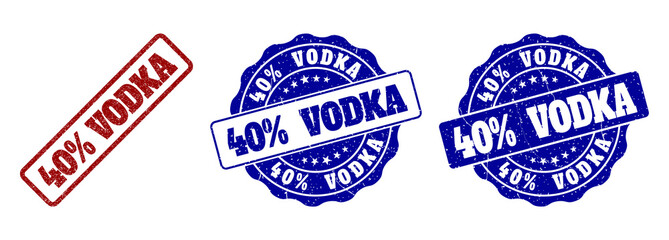 40% VODKA grunge stamp seals in red and blue colors. Vector 40% VODKA watermarks with grunge texture. Graphic elements are rounded rectangles, rosettes, circles and text titles.