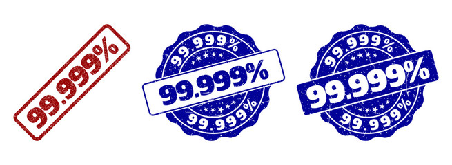 99.999% scratched stamp seals in red and blue colors. Vector 99.999% labels with distress texture. Graphic elements are rounded rectangles, rosettes, circles and text labels.