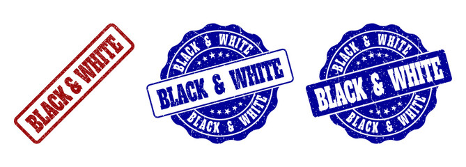 BLACK & WHITE grunge stamp seals in red and blue colors. Vector BLACK & WHITE labels with scratced effect. Graphic elements are rounded rectangles, rosettes, circles and text labels.