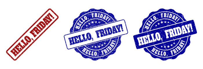 HELLO, FRIDAY! grunge stamp seals in red and blue colors. Vector HELLO, FRIDAY! signs with grunge style. Graphic elements are rounded rectangles, rosettes, circles and text tags.