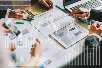 businessman investment consultant analyzing company financial report balance sheet statement working with digital graphs. Concept picture for stock market, cash, fund,and business economy flow.