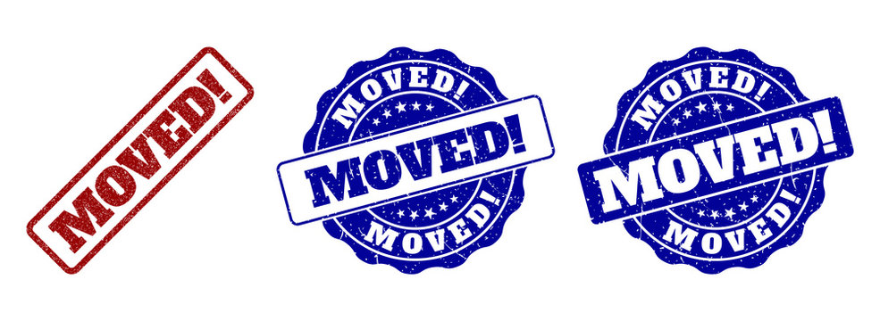 MOVED! grunge stamp seals in red and blue colors. Vector MOVED! labels with grunge surface. Graphic elements are rounded rectangles, rosettes, circles and text titles.
