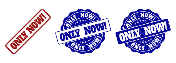 ONLY NOW! scratched stamp seals in red and blue colors. Vector ONLY NOW! imprints with distress effect. Graphic elements are rounded rectangles, rosettes, circles and text labels.