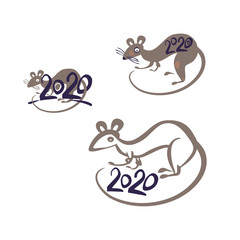 Rat 2020. Simple drawn symbols year of the Rat 2020 on the Chinese calendar. Vector template handwritten figures. 