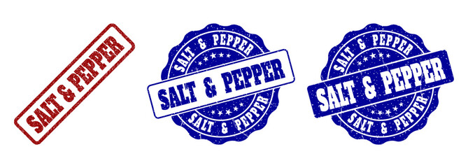 SALT & PEPPER grunge stamp seals in red and blue colors. Vector SALT & PEPPER signs with grunge effect. Graphic elements are rounded rectangles, rosettes, circles and text tags.