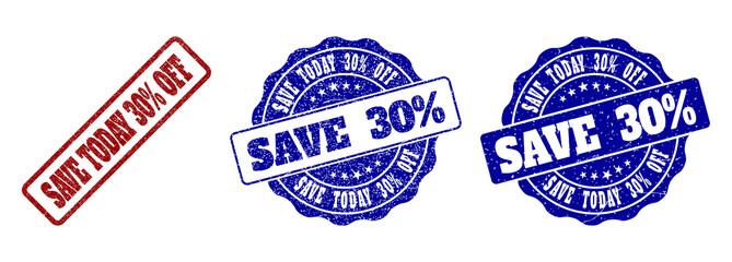 SAVE TODAY 30% OFF grunge stamp seals in red and blue colors. Vector SAVE TODAY 30% OFF labels with distress style. Graphic elements are rounded rectangles, rosettes, circles and text labels.