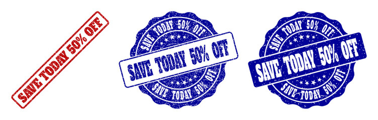 SAVE TODAY 50% OFF grunge stamp seals in red and blue colors. Vector SAVE TODAY 50% OFF overlays with grunge effect. Graphic elements are rounded rectangles, rosettes, circles and text captions.