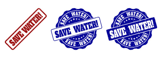 SAVE WATER! scratched stamp seals in red and blue colors. Vector SAVE WATER! labels with distress effect. Graphic elements are rounded rectangles, rosettes, circles and text labels.