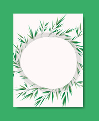 card with circular frame and laurel leafs