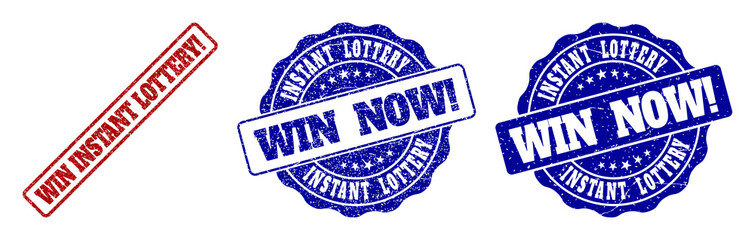 Obraz premium WIN INSTANT LOTTERY! grunge stamp seals in red and blue colors. Vector WIN INSTANT LOTTERY! overlays with distress surface. Graphic elements are rounded rectangles, rosettes,