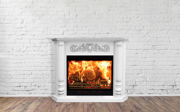 White Fireplace in bright empty living room interior of house