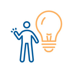 Trendy thin line creative idea icon. Vector illustration with a person and a lightbulb for concepts of ideas, creativity, brainstorming, innovation