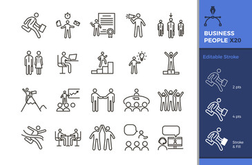 Business people icon set. 20 vector graphic design illustrations for concepts of business, profession, job, motivation, willlpower, career, success, teamwork