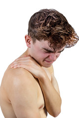 Naklejka premium Fit shirtless young adult with pain