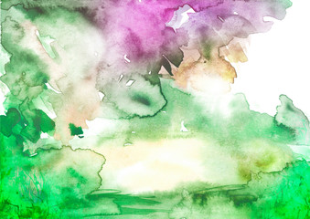 Watercolor blue, green background, blot, blob, splash of blue, pink, green paint on white background. Watercolor blue, green sky, spot, abstraction. Abstract art illustration, scenic background