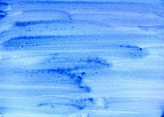 Blue monochrome watercolor background texture. Handwork on paper with paints. Blurred, horizontal, abstract.