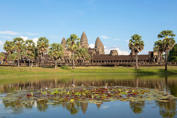 Fototapeta na wymiar Front of Angkor Wat with reflection in the pond, Siem Reap, Cambodia
