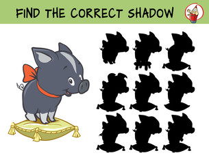 Funny little decorative mini-pig. Find the correct shadow. Educational matching game for children. Cartoon vector illustration