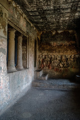 The buddhist caves. Frescoes and bas-relief at Ajanta, a UNESCO World Heritage Site. India.