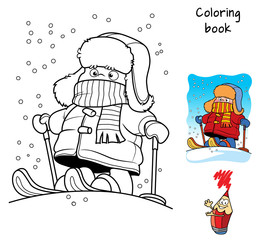 Little boy skiing. Winter holiday. Coloring book. Cartoon vector illustration