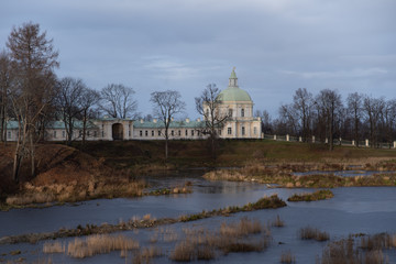 Oranienbaum park view with Grand Menshikov Palace and pond. Oranienbaum (Lomonosov) town, suburban of Saint Petersburg.