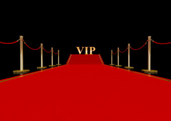 Red carpet with golden barrier and ropes. Stairs in the end. 3d illustration