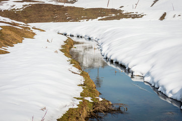 A small narow stream in a snow landscape