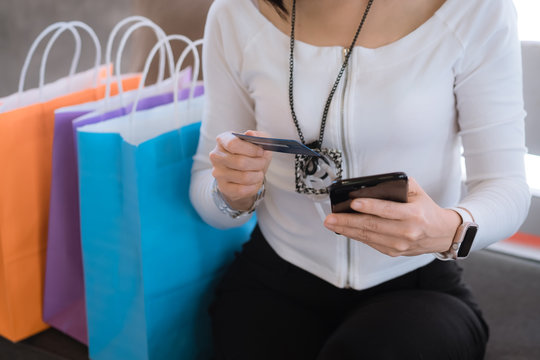 Picture showing pretty woman shopping online with credit card