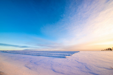 tire tracks on snow-covered field with winter blue sky on background 