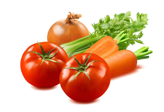 Celery, tomato, onion and carrot vegetables isolated on white background