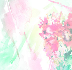 Obraz na płótnie Canvas Watercolor bouquet of flowers, Beautiful abstract splash of paint, fashion illustration.Orchid flowers, poppy, cornflower, pink, red, peony, rose, field or garden flowers. Watercolor abstract. 