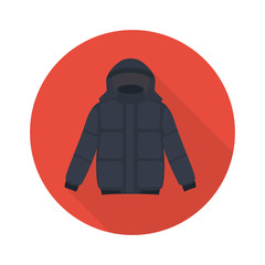 jacket icon in flat style with long shadow, isolated vector illustration on white transparent background. Winter clothing.